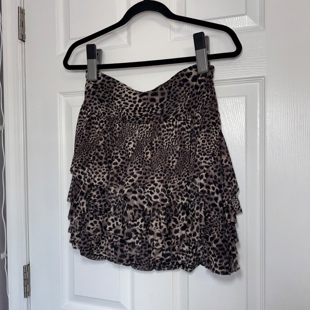 VTG Y2K 2000s INC Cheetah Print Tiered Ruffle Mini Skirt Stretchy Slinky S